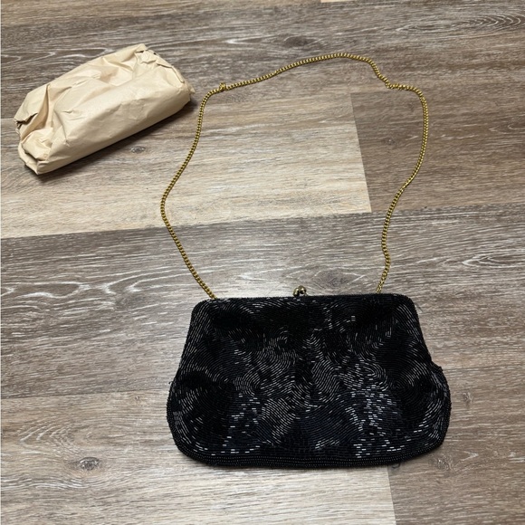 Handbags - Black Evening Clutch with Gold Chain